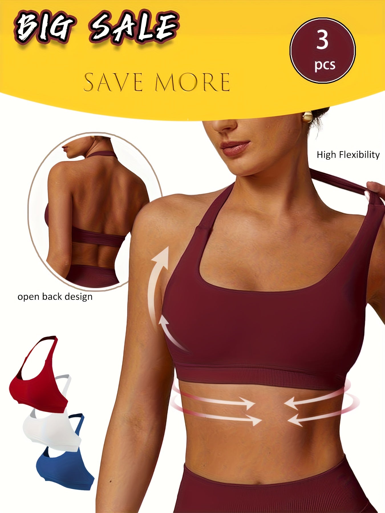 3-Pack Yoga Bras - Breathable & Seamless