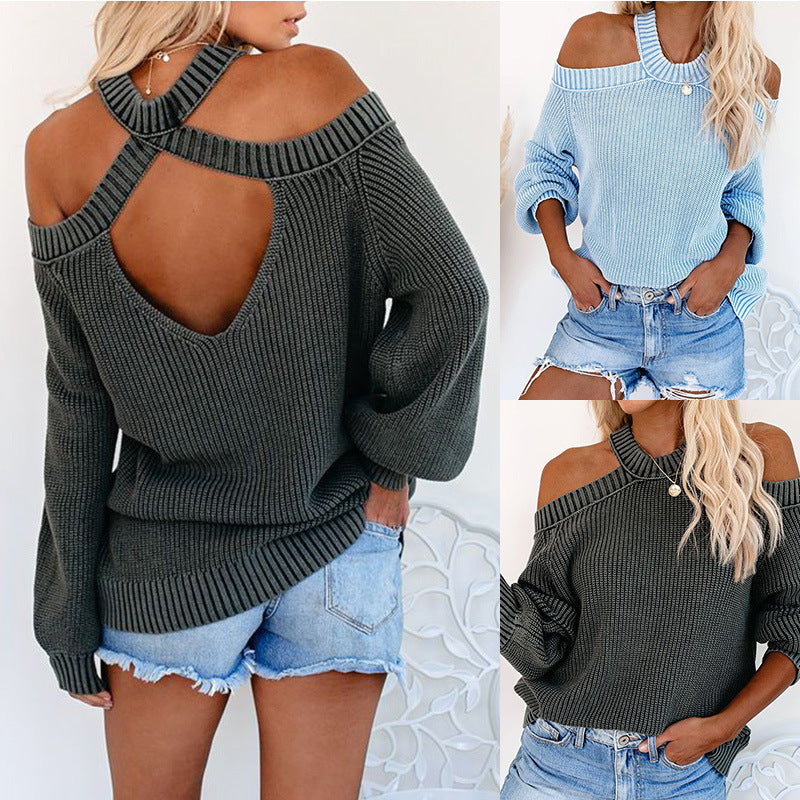 Women's Sweater Round Neck Halter Off-Shoulder Sweater