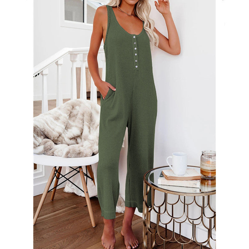 Solid Color Buttoned Pocket Casual Vest Jumpsuit Women's Clothing