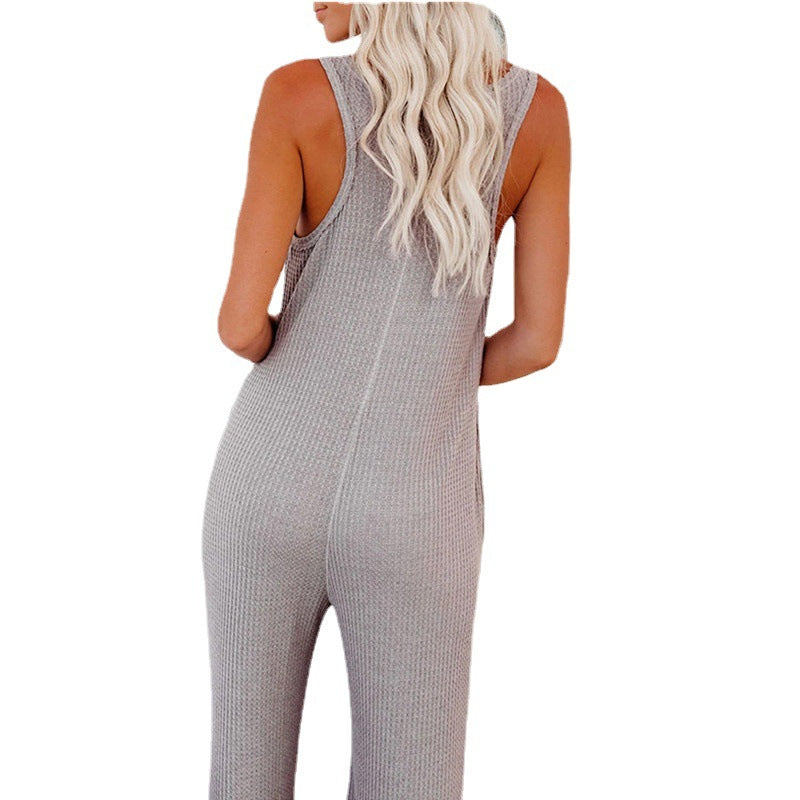 Solid Color Buttoned Pocket Casual Vest Jumpsuit Women's Clothing