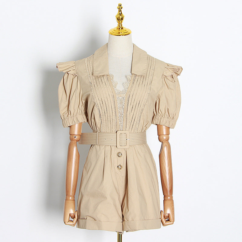 Lace Stitching High Waist Belted Jumpsuit Wide Leg Shorts Women