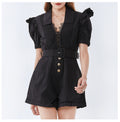 Lace Stitching High Waist Belted Jumpsuit Wide Leg Shorts Women