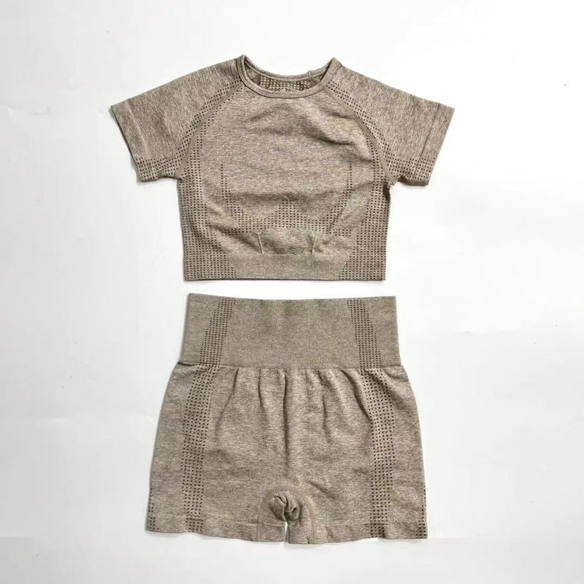 Quick-Drying Short-Sleeved Fitness Clothes Cross-Border Seamless Yoga Clothes High Waist Sports Shorts Yoga Suit Women