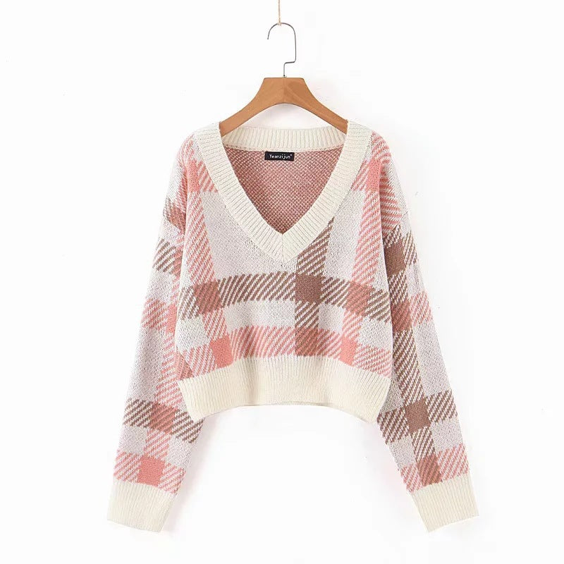 V-neck Short Sweater Retro Check Girl Sweater