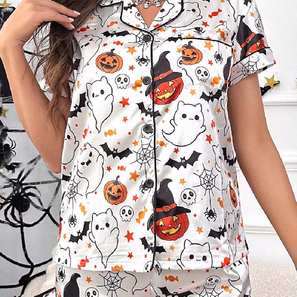 Women Halloween Satin Pajama Set Ghost Pumpkin Print Top With Shorts Sleepwear