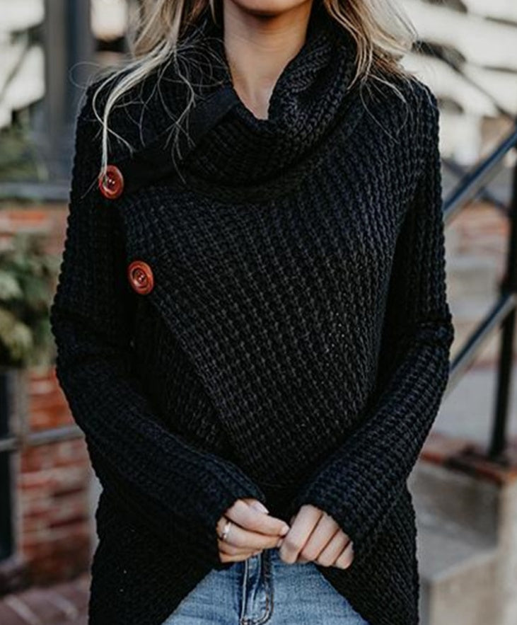 Turtleneck Pullover Button Women's Sweater Long Sleeve Sweater