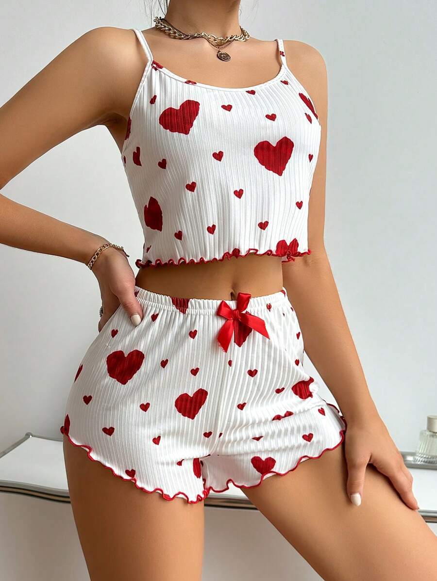 Heart Printing Suspender Shorts Casual Sunken Stripe Style Women Pajamas