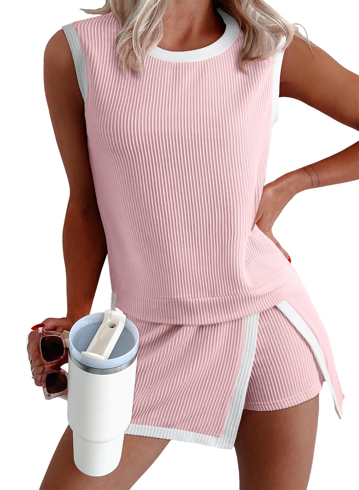 1Set Ribbed Sleeveless Top Shorts Set Women Summer Casual Two Piece Outfit