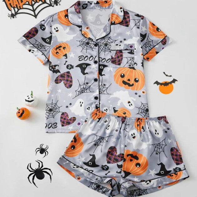 Women Halloween Satin Pajama Set Ghost Pumpkin Print Top With Shorts Sleepwear
