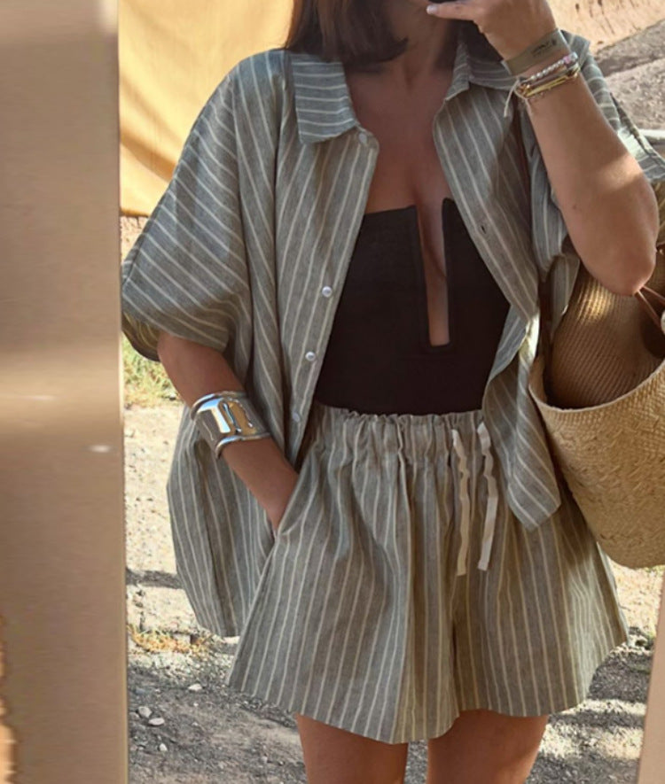Striped Shirt Pocket Shorts Loose Leisure Suit Women