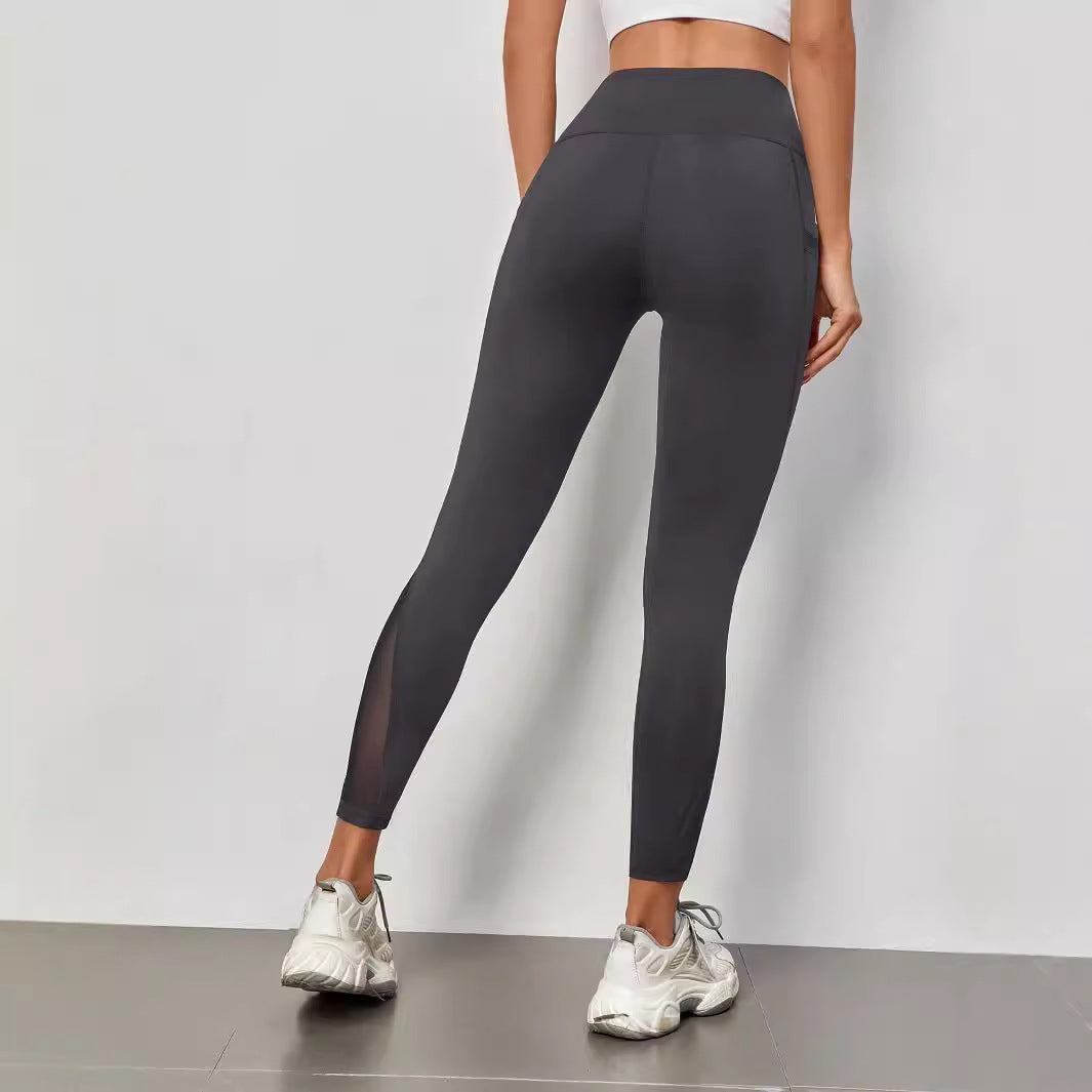 High Waist Grenadine Stitching Yoga Pants Pocket Quick-drying Breathable Hip Lifting Sport
