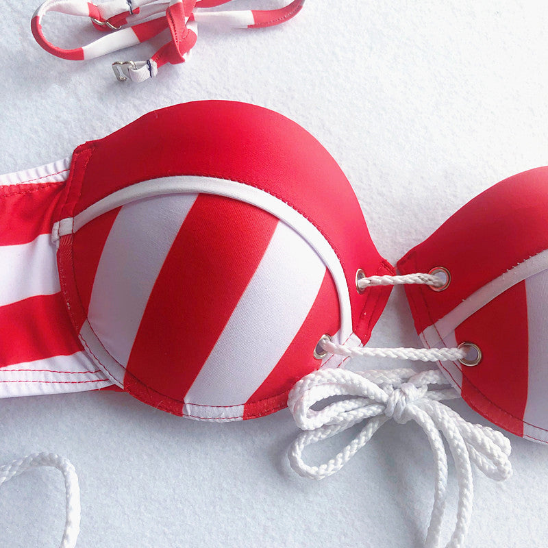 Swimwear Striped Straps Gathered Together