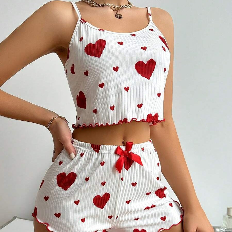 Heart Printing Suspender Shorts Casual Sunken Stripe Style Women Pajamas