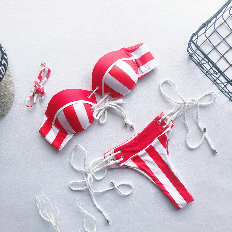 Swimwear Striped Straps Gathered Together