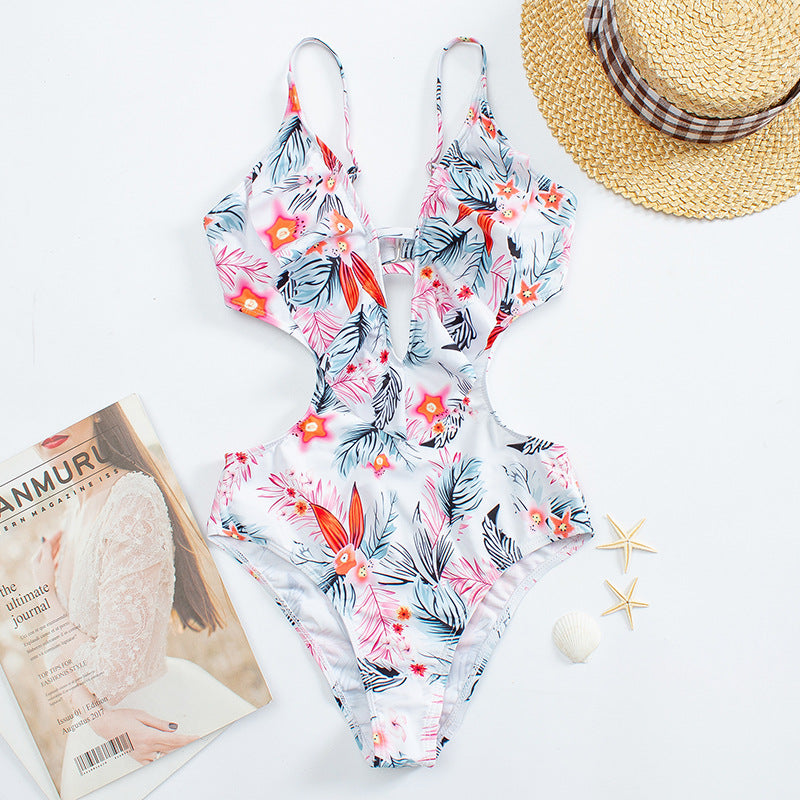 New Women's Printed One-piece Swimsuit European And American Hollow Swimwear