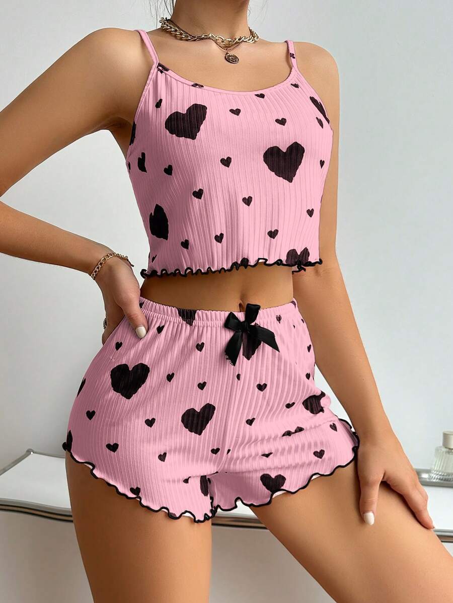 Heart Printing Suspender Shorts Casual Sunken Stripe Style Women Pajamas