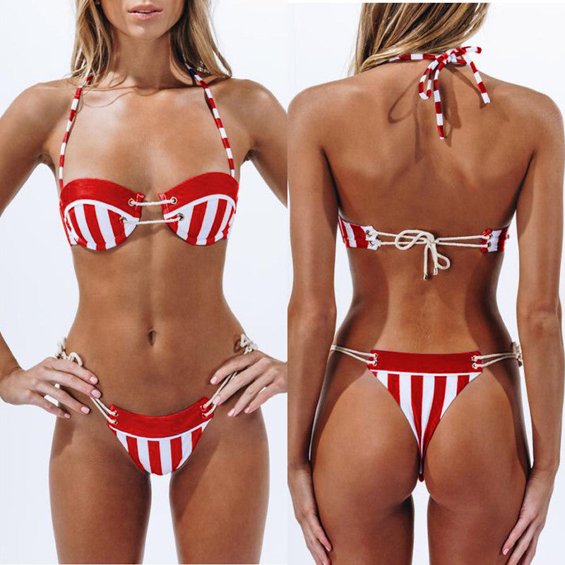 Swimwear Striped Straps Gathered Together