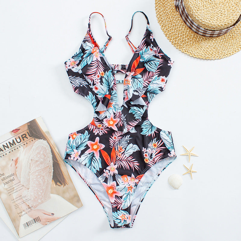 New Women's Printed One-piece Swimsuit European And American Hollow Swimwear