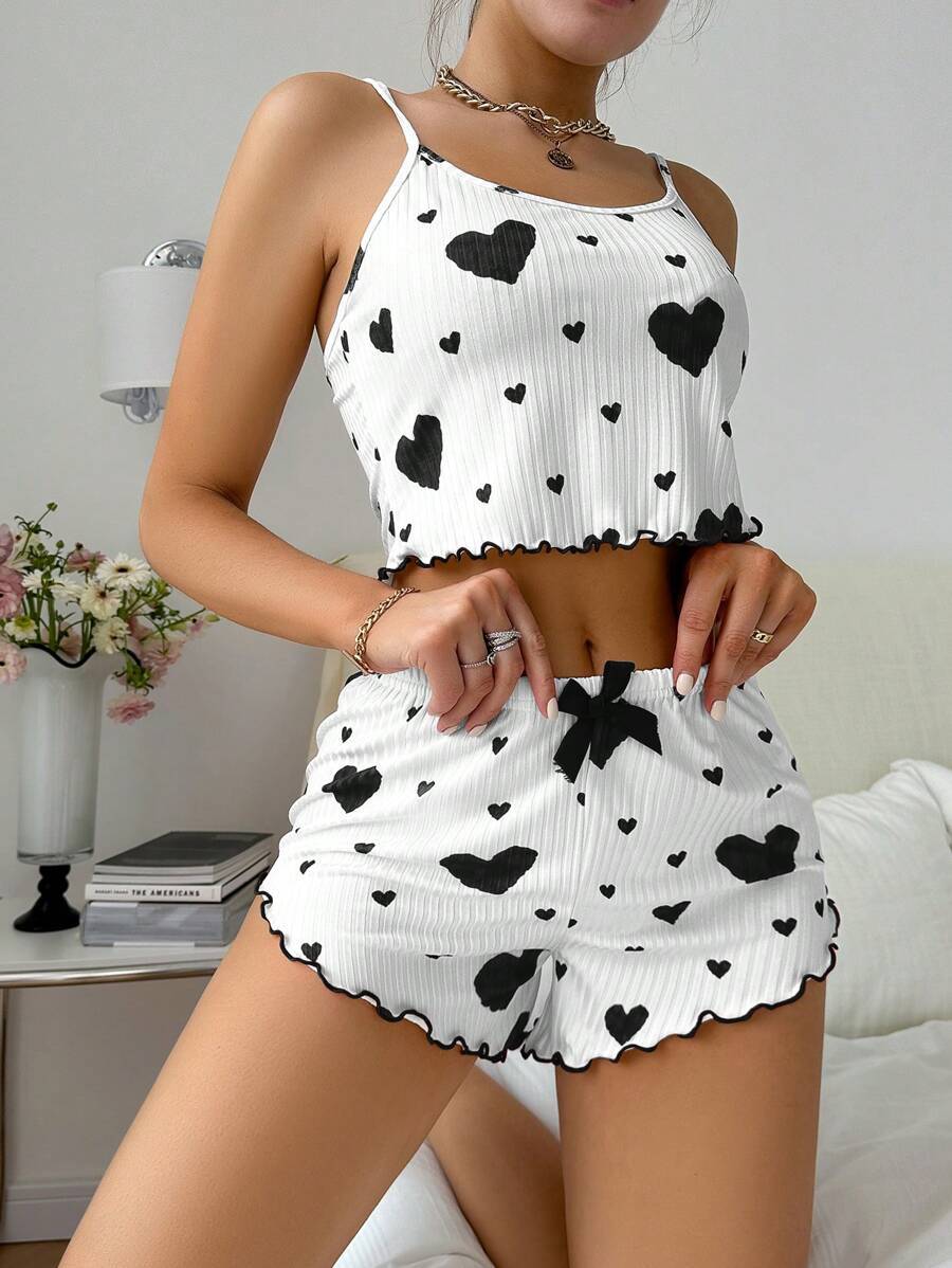 Heart Printing Suspender Shorts Casual Sunken Stripe Style Women Pajamas