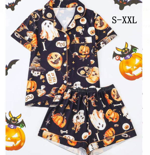 Women Halloween Satin Pajama Set Ghost Pumpkin Print Top With Shorts Sleepwear