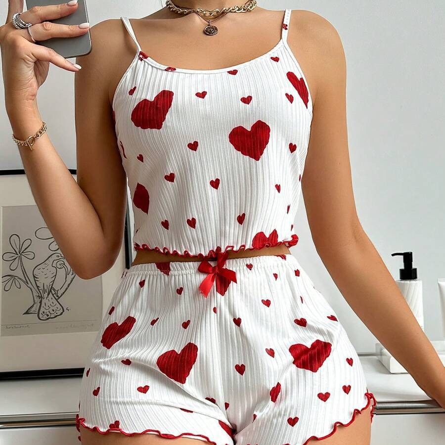 Heart Printing Suspender Shorts Casual Sunken Stripe Style Women Pajamas