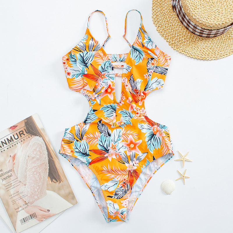 New Women's Printed One-piece Swimsuit European And American Hollow Swimwear