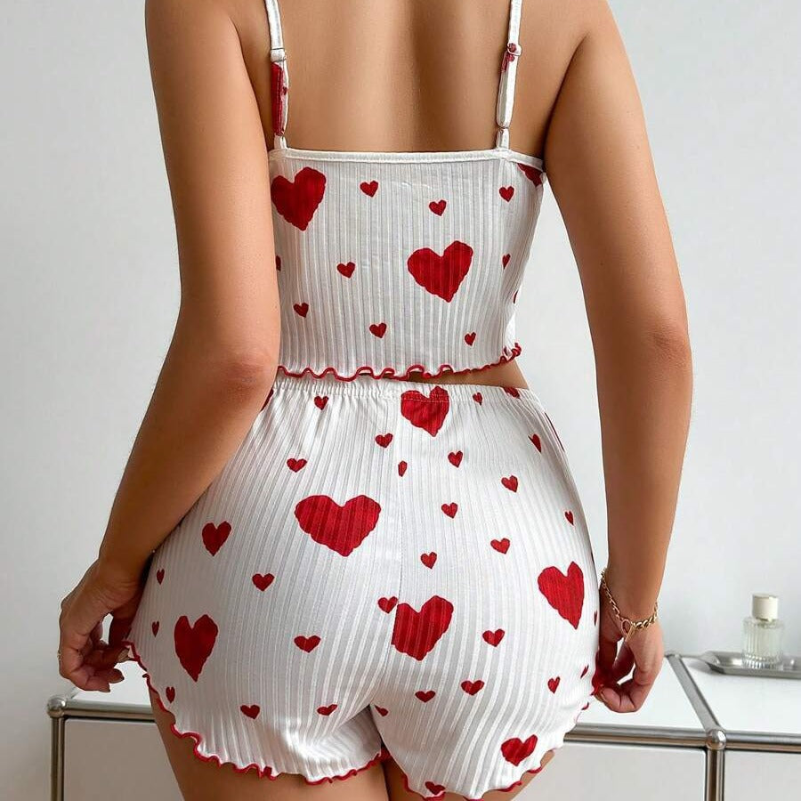 Heart Printing Suspender Shorts Casual Sunken Stripe Style Women Pajamas