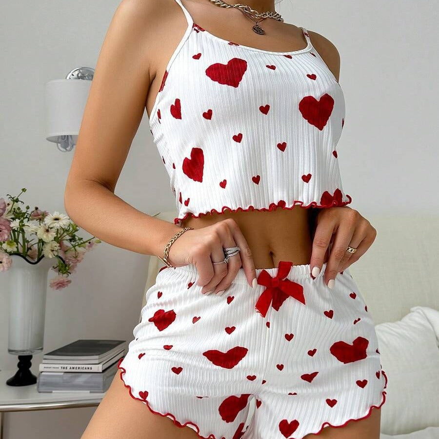Heart Printing Suspender Shorts Casual Sunken Stripe Style Women Pajamas