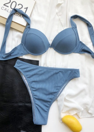 Hard Cup Bikini  High Waist Solid Color Swimwear