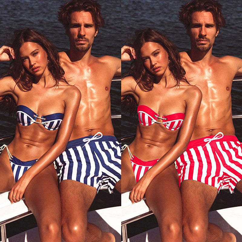 Swimwear Striped Straps Gathered Together